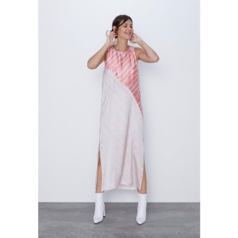 NWT Zara Diagonal Striped Silk Inspired Maxi Dress